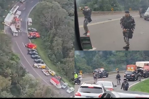 Comboio de Viaturas do CHOQUE são enviados para Nova Laranjeiras-PR, após PM's serem feridos por Indígenas em tentativa de evitar saque de carga de eletrônicos na BR-277!